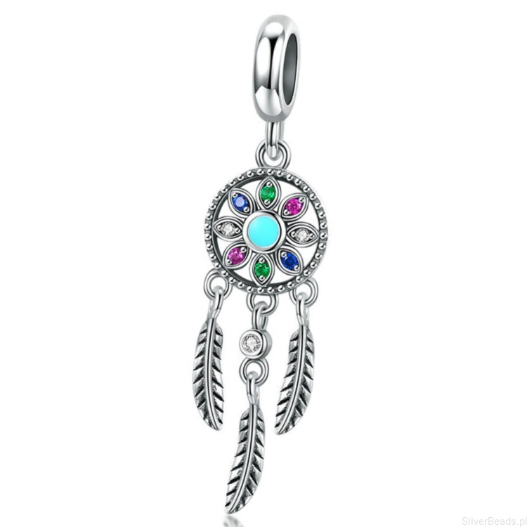 Srebrny charms łapacz snów z piórkami koralik beads srebro 925