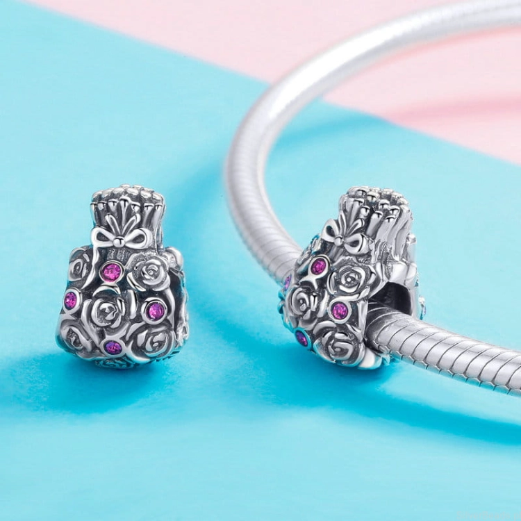 Charms ze srebra próby 925 czarny bukiet z różowymi kryształkami