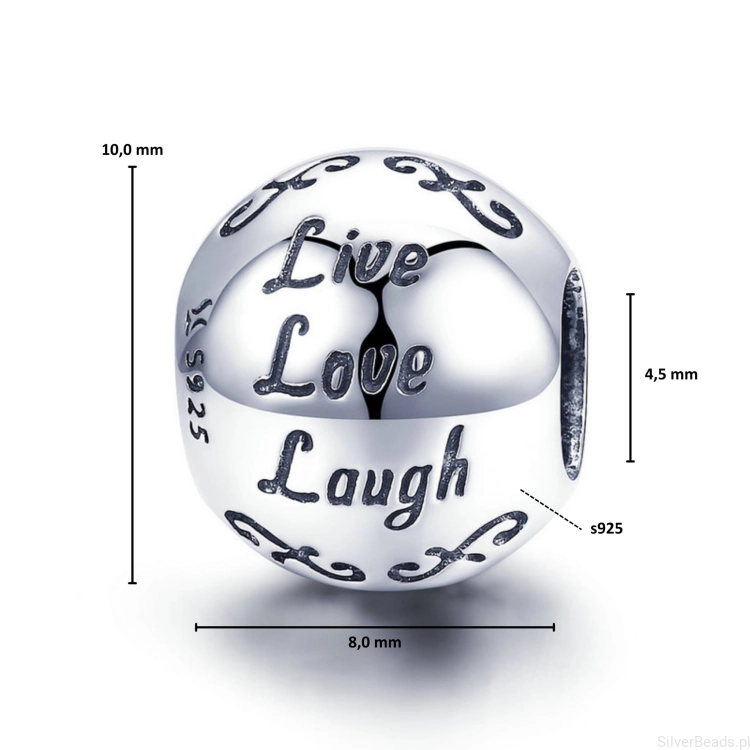 Wymiary koralika charms ze srebra próby 925 beads kula ,,Live, Love, Laugh"
