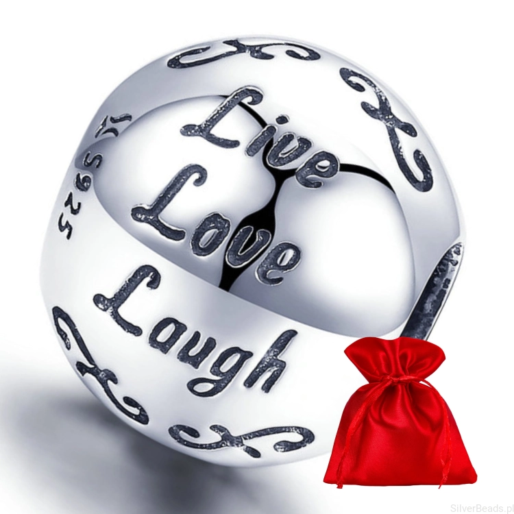 Elegancki satynowy woreczek gratis do każdego zamówienia koralików charms  kula ,,Live, Love, Laugh"