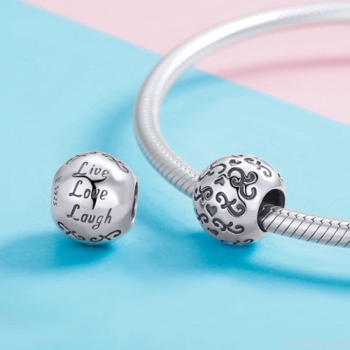Srebrna modułowa bransoletka typu Pandora i charms kula ,,Live, Love, Laugh"