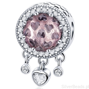 Srebrny charms różowy kryształ i serduszka beads srebro 925 koralik