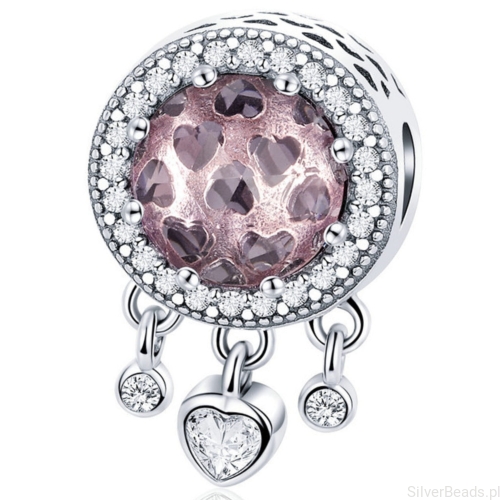 Srebrny charms różowy kryształ i serduszka beads srebro 925 koralik
