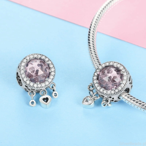 srebrny charms próba 925 różowy kryształ i serduszka