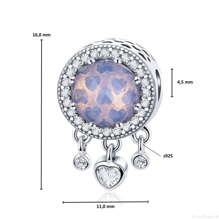 Wymiary koralika charms ze srebra próby 925 beads  opalizujący kryształ i serduszka