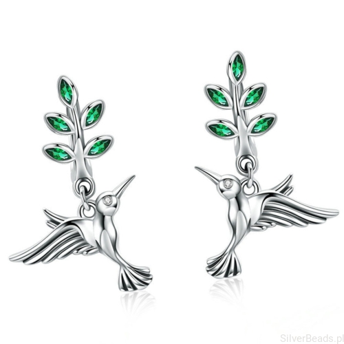 Srebrne kolczyki gałązki z kolibrami koła zatrzaski srebro 925