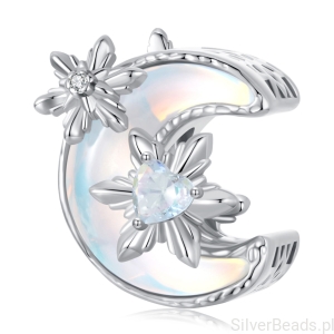 Srebrny charms opalizujący księżyc ze śnieżynkami beads srebro 925 koralik 