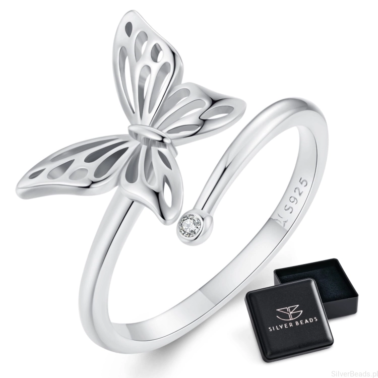 Eleganckie prezentowe pudełeczko gratis. Pierścionek ze srebra z motylkiem i kryształem