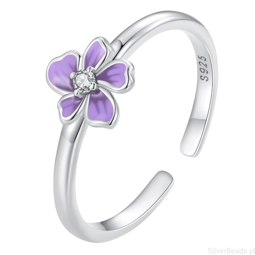 Srebrny pierścionek uniwersalny z fioletowym kwiatkiem srebro 925