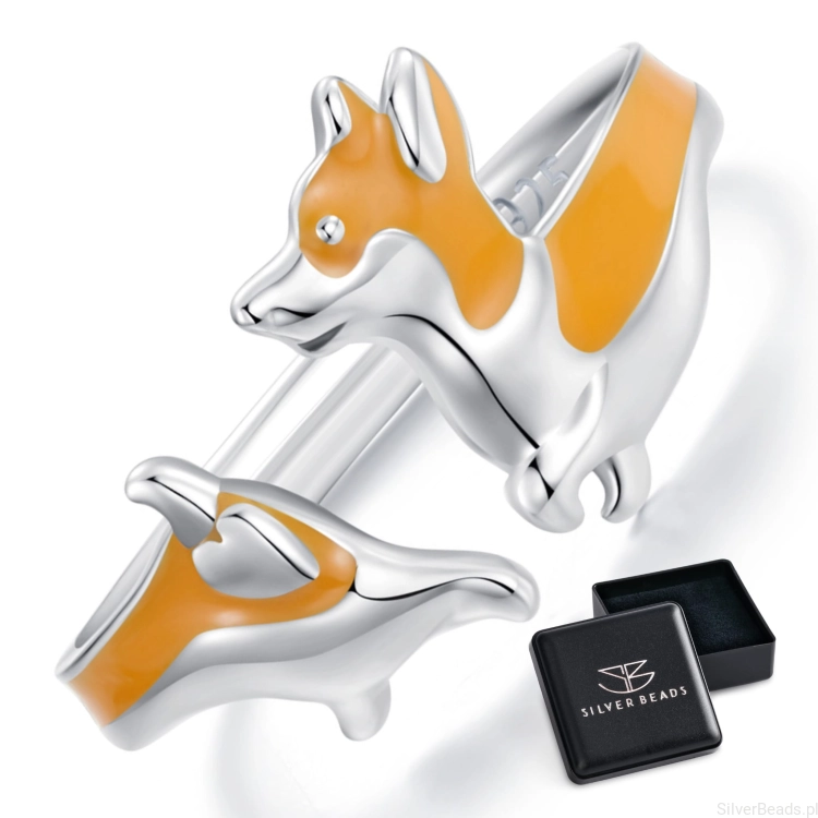 Eleganckie prezentowe pudełeczko gratis. Pierścionek ze srebra wesoły Corgi