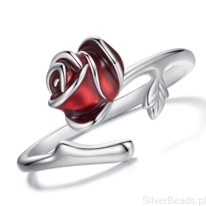 Srebrny pierścionek regulowany z czerwoną różyczką srebro 925