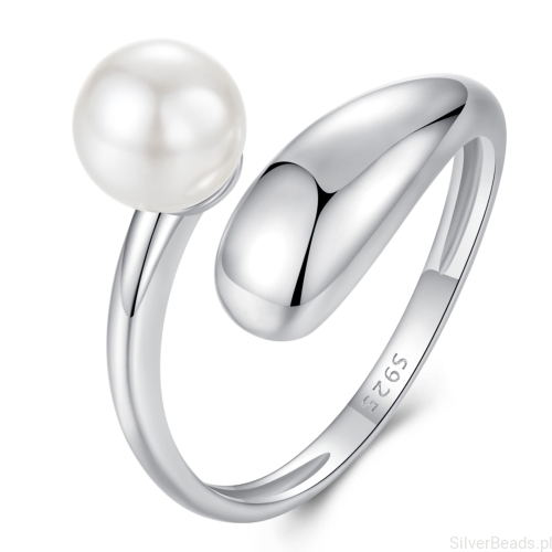 Srebrny pierścionek regulowany łezka z perełką srebro 925