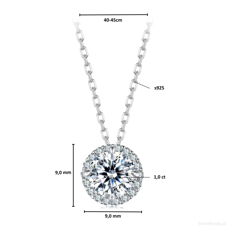 Wielkość rozmiar zawieszki w srebrnym naszyjniku Moissanit 1,0 ct otoczony kryształkami