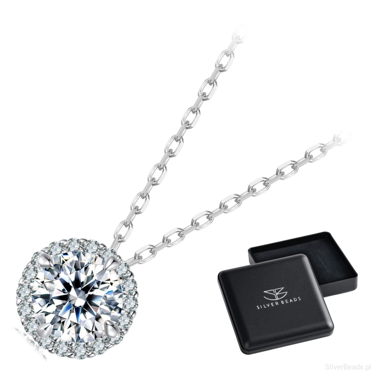 Eleganckie prezentowe pudełeczko gratis do srebrnego naszyjnika Moissanit 1,0 ct otoczony kryształkami