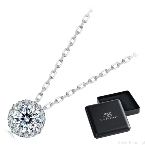 Eleganckie prezentowe pudełeczko gratis do srebrnego naszyjnika Moissanit 0,5 ct otoczony kryształkami