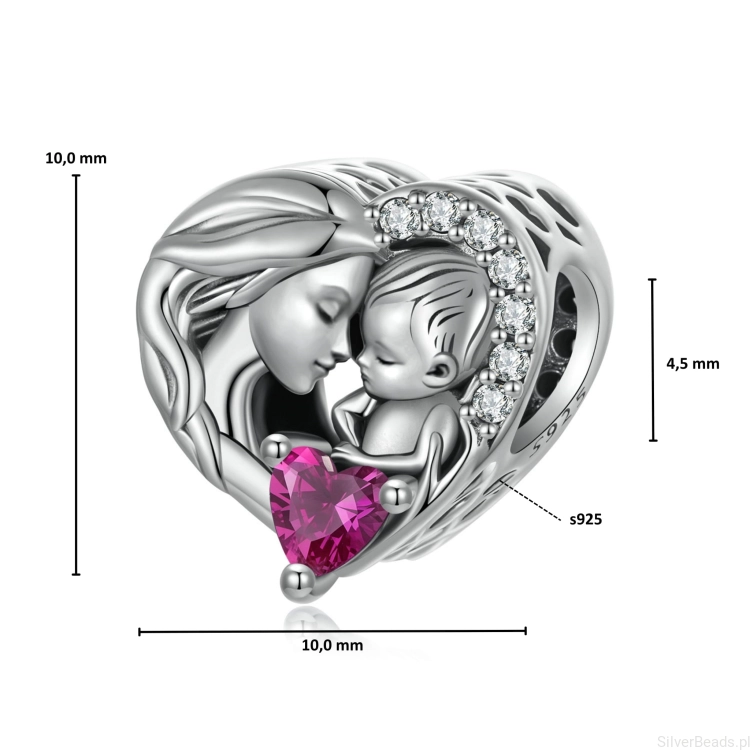 Wymiary koralika charms ze srebra próby 925 beads  serduszko z mamą i dzieckiem