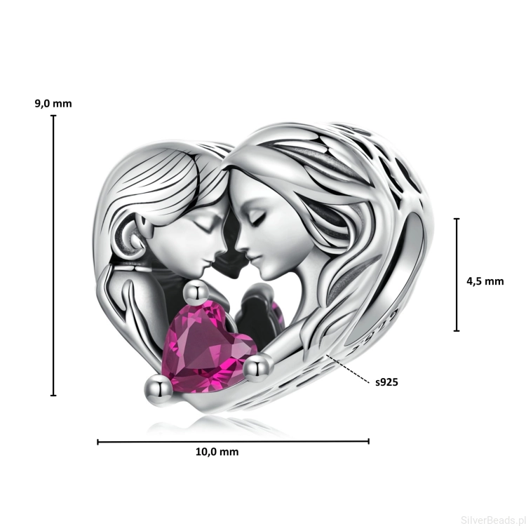 Wymiary koralika charms ze srebra próby 925 beads mama i córka w sercu