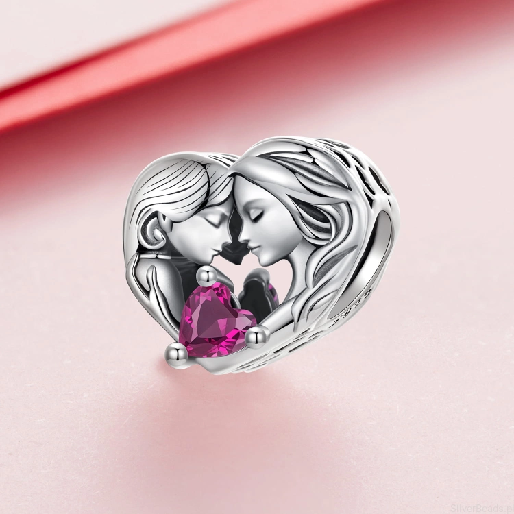 Charms srebro 925 mama i córka w sercu koralik do bransoletki modułowej charms