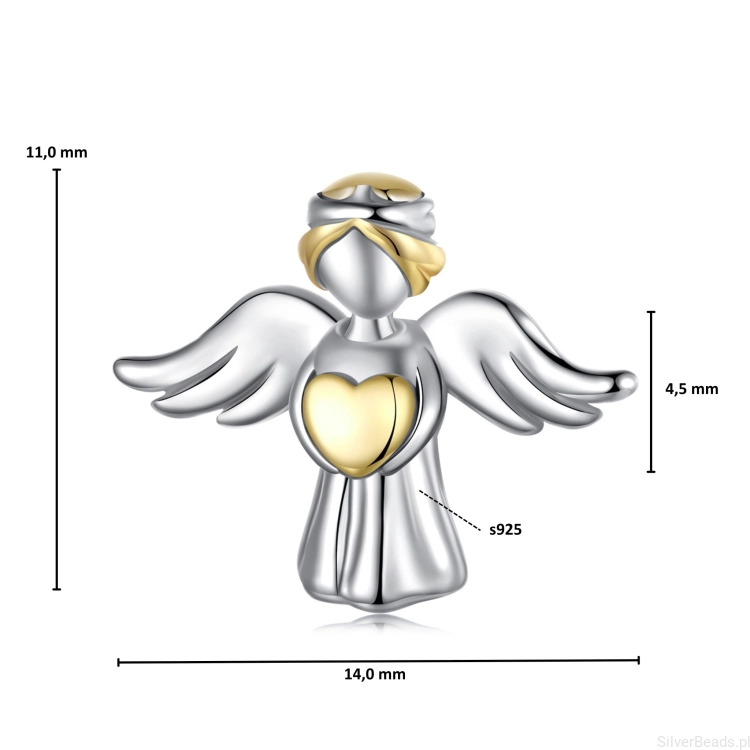 Wymiary koralika charms ze srebra próby 925 beads  aniołek z pozłacanym serduszkiem