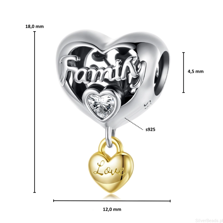 Wymiary koralika charms ze srebra próby 925 beads   serce kocham moją rodzinę