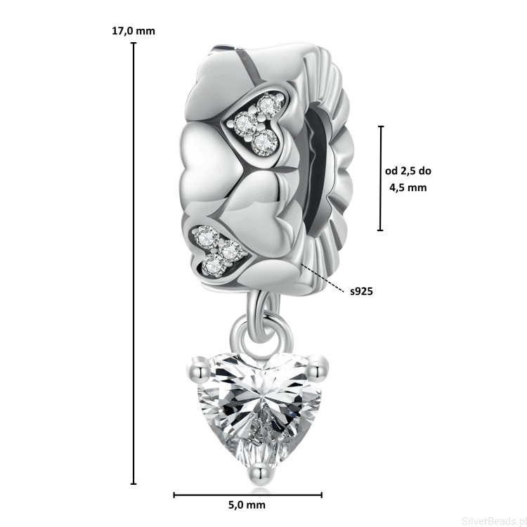 Wymiary koralika charms ze srebra próby 925 beads  kryształowe serce