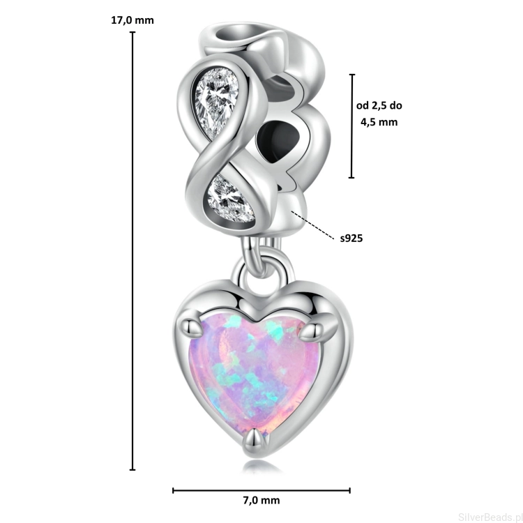 Wymiary koralika charms ze srebra próby 925 beads opalizujące serce