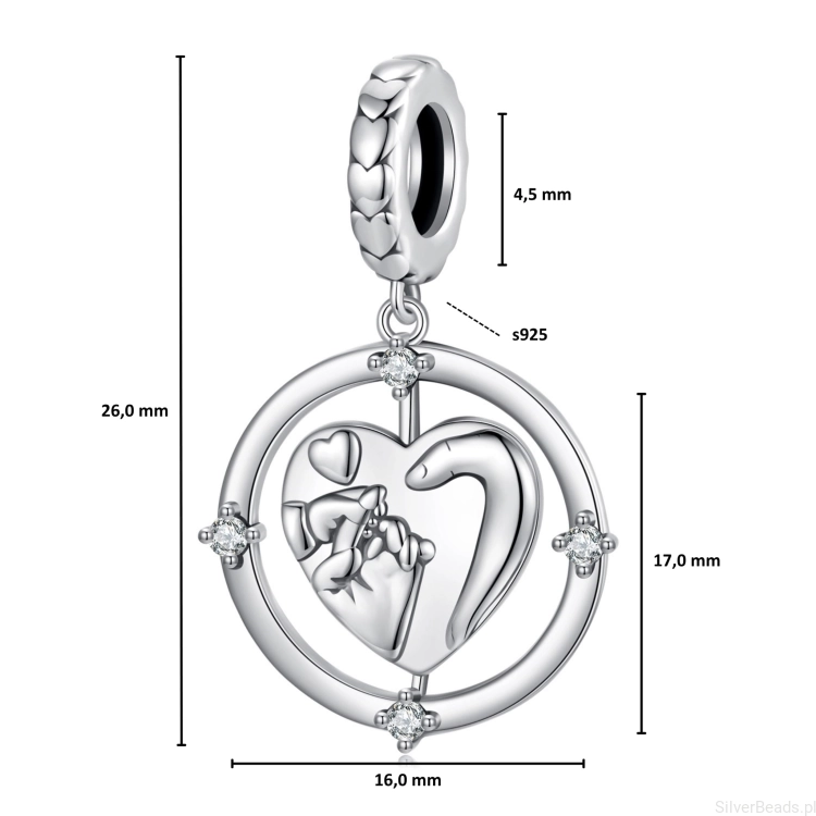 Wymiary zawieszki charms serce rodzinne