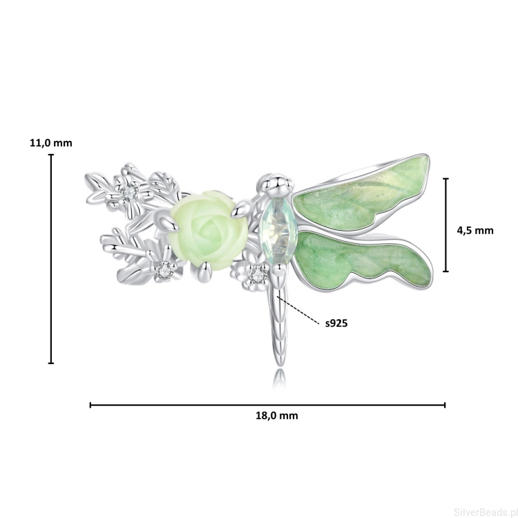 Wymiary koralika charms ze srebra próby 925 beads zielona ważka z różami