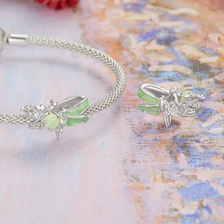 Charms srebro 925 zielona ważka z różami koralik do bransoletki modułowej charms