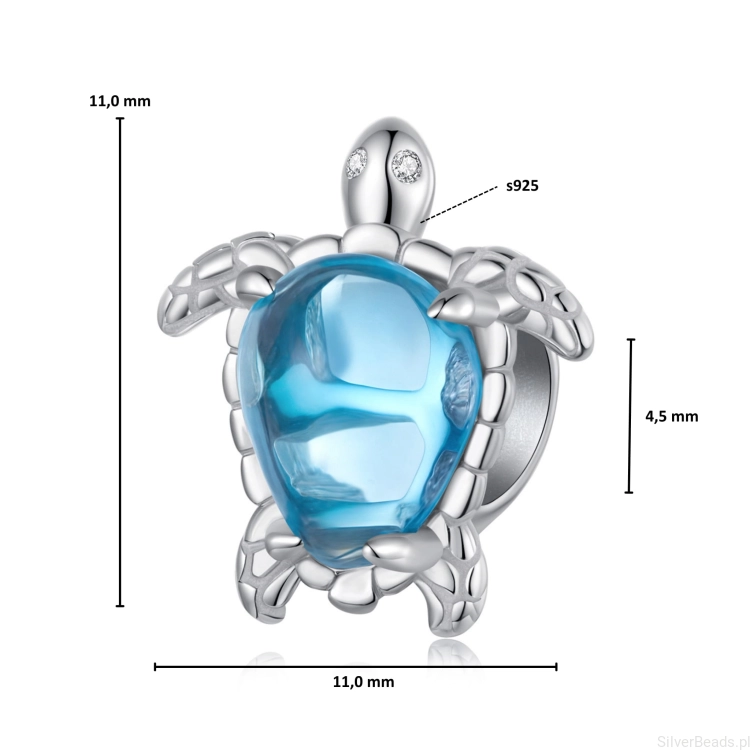 Wymiary koralika charms ze srebra próby 925 beads  niebieski żółw