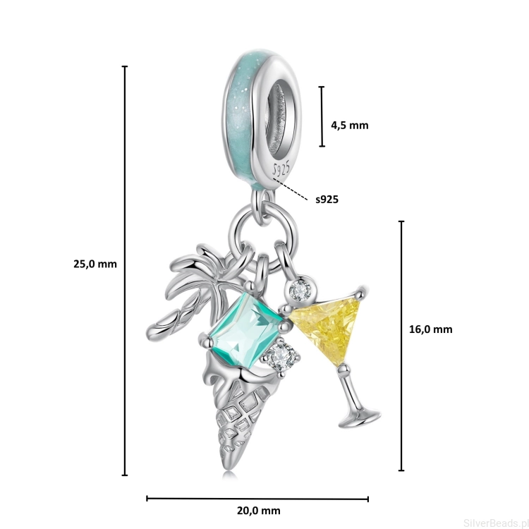 Wymiary zawieszki charms zestaw wakacyjny drink, lód, palemka