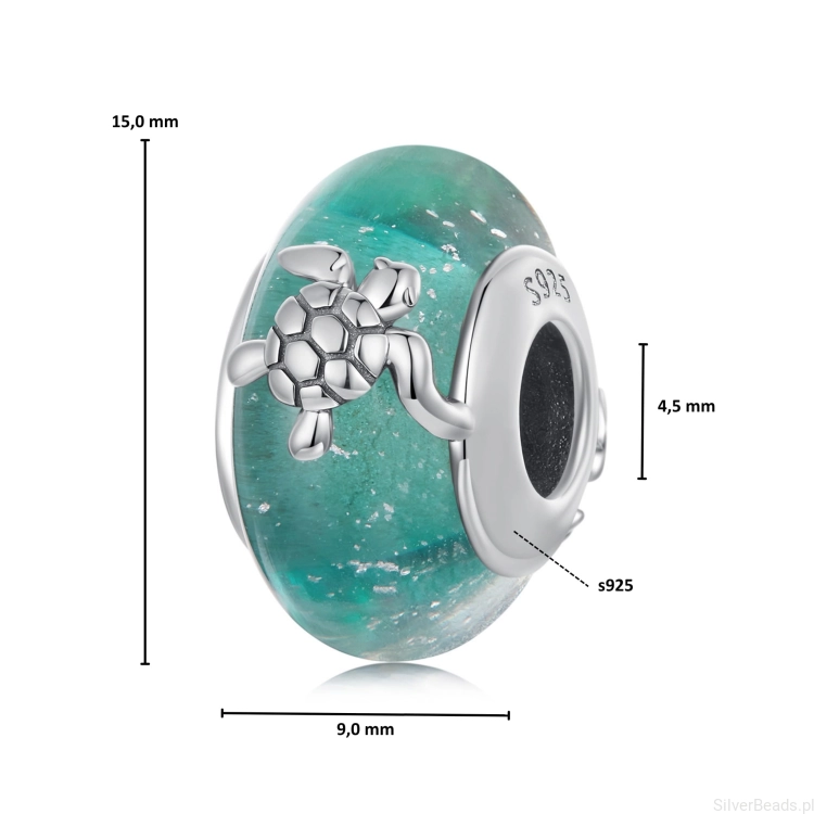 Wymiary koralika charms ze srebra próby 925 beads ze szkła Murano z żółwiami
