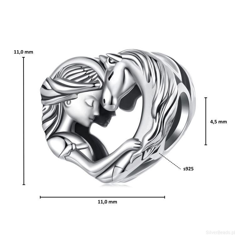 Wymiary koralika charms ze srebra próby 925 beads serduszko dziewczyna z koniem