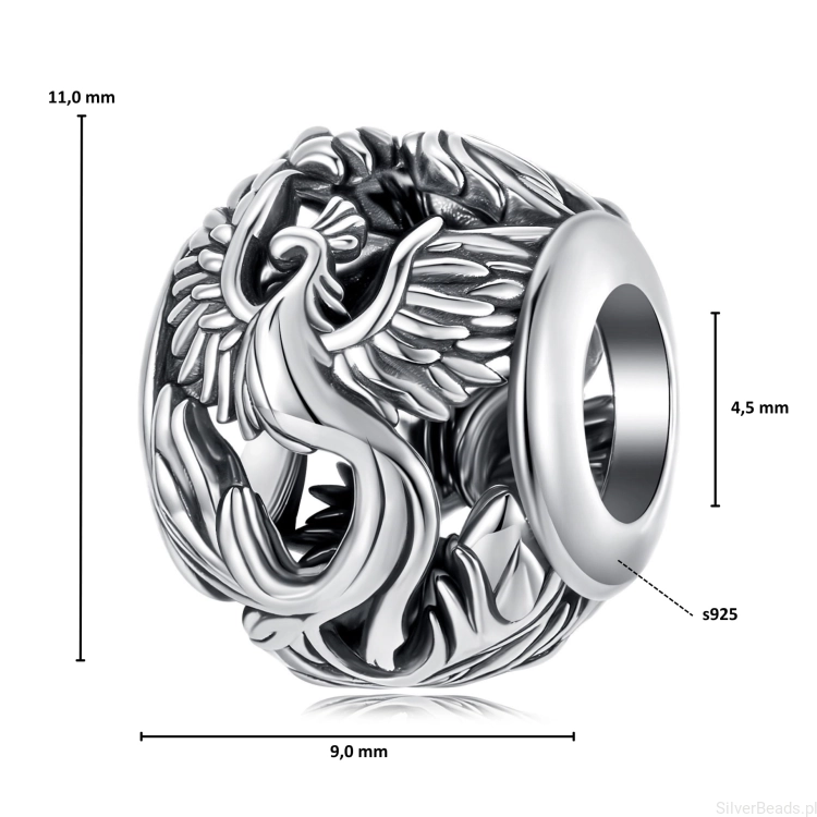 Wymiary koralika charms ze srebra próby 925 beads feniks