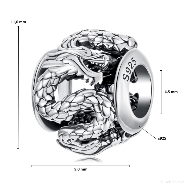 Wymiary koralika charms ze srebra próby 925 beads smok