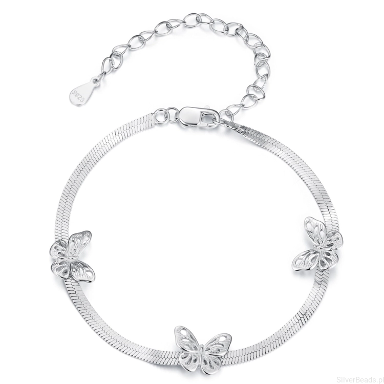 Srebrna bransoletka damska 925 z trzema ozdobnymi motylkami – SilverBeads