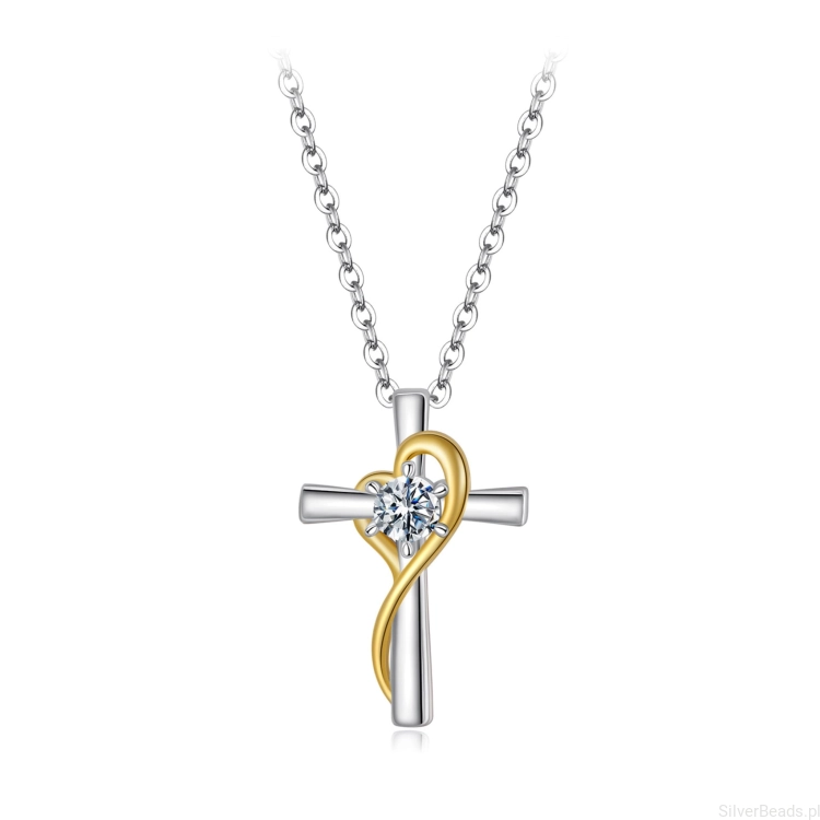 Srebrny naszyjnik krzyżyk i pozłacane serce Moissanit 0,2 ct srebro 925