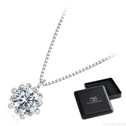 Eleganckie prezentowe pudełeczko gratis do srebrnego naszyjnika kwiat z Moissanitem 0,5 ct