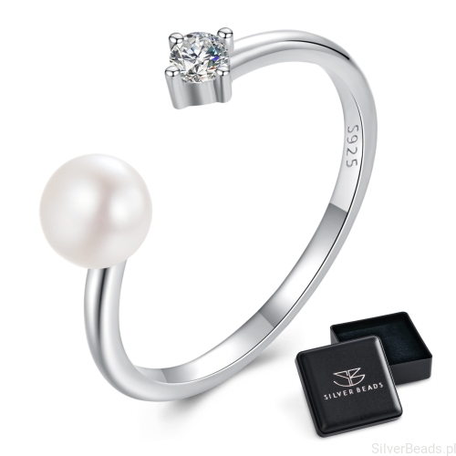 Eleganckie prezentowe pudełeczko gratis. pierścionek z Moissanitem 0,1 ct i perłą