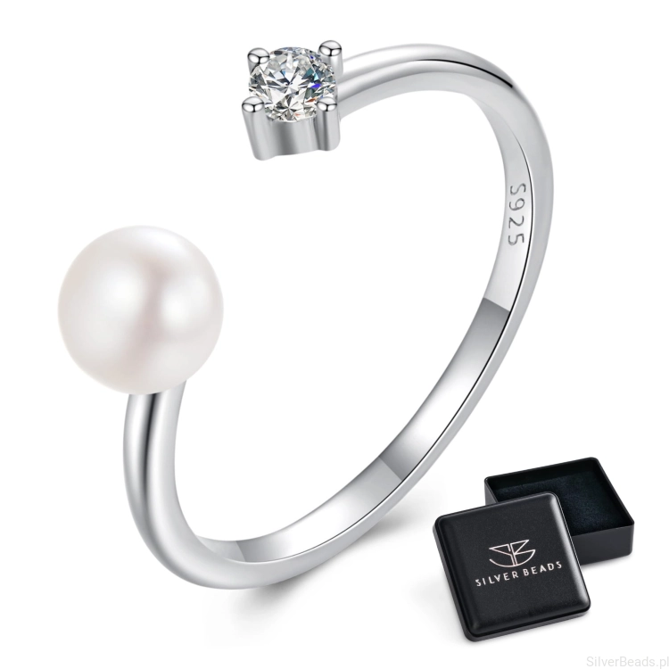 Eleganckie prezentowe pudełeczko gratis. pierścionek z Moissanitem 0,1 ct i perłą