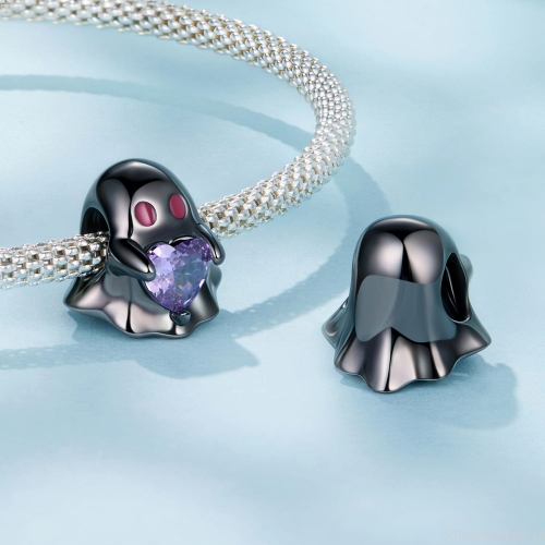 halloweenowy charms ze srebra DUCH z fioletowym sercem