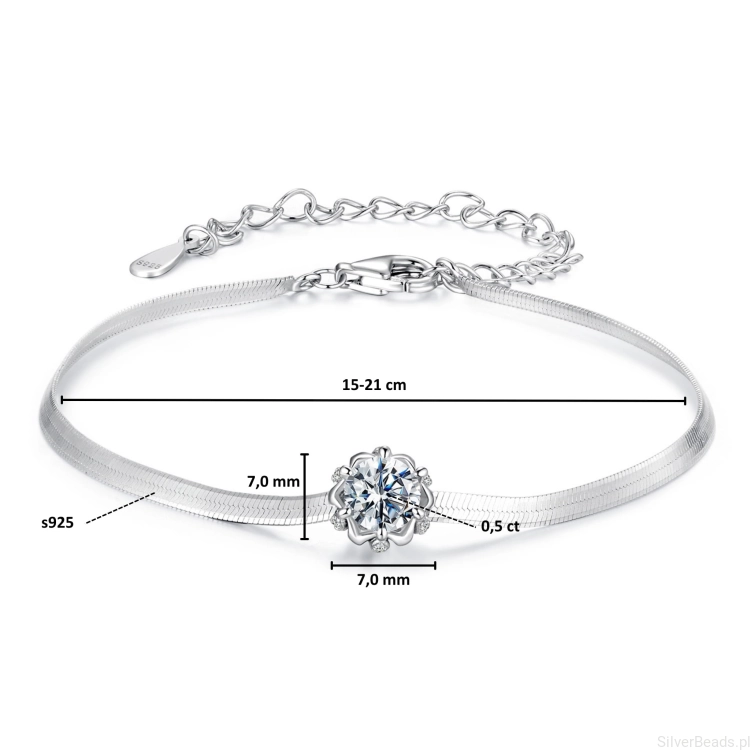 Wielkość ozdoby i rozmiar srebrnej bransoletki celebrytki z Moissanitem 0,5 ct