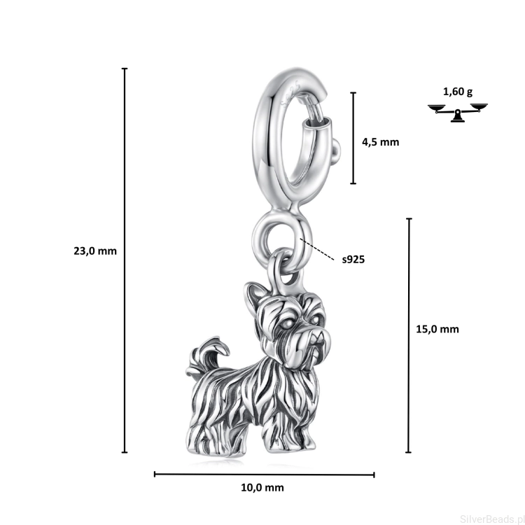 Wymiary zawieszki charms piesek rasy YORK