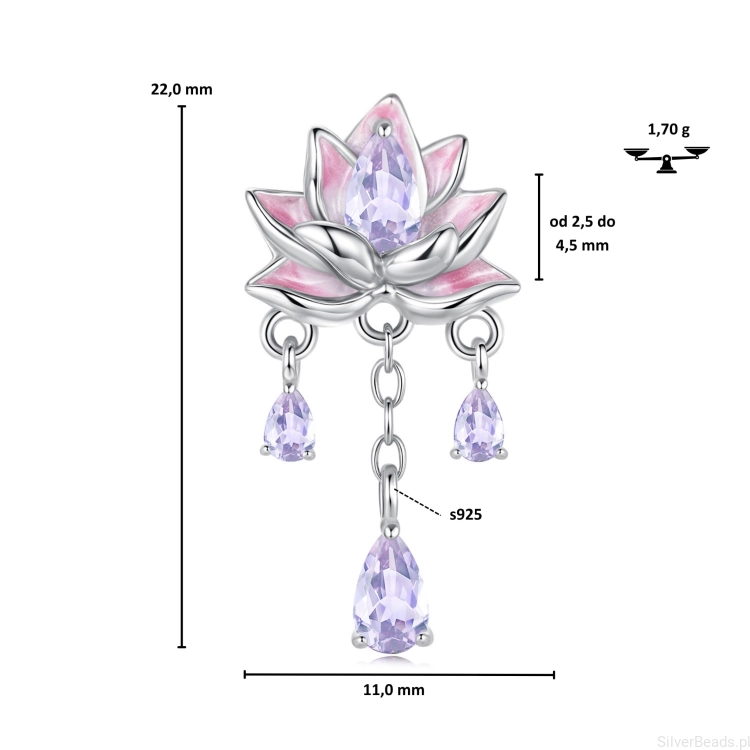 Wymiary koralika charms ze srebra próby 925 beads  kwiat lotosu z wiszącymi kryształami