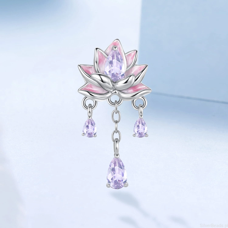 Charms ze srebra próby 925 kwiat lotosu z wiszącymi kryształami