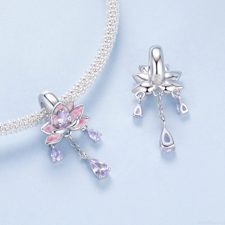 srebrny charms próba 925 kwiat lotosu z wiszącymi kryształami