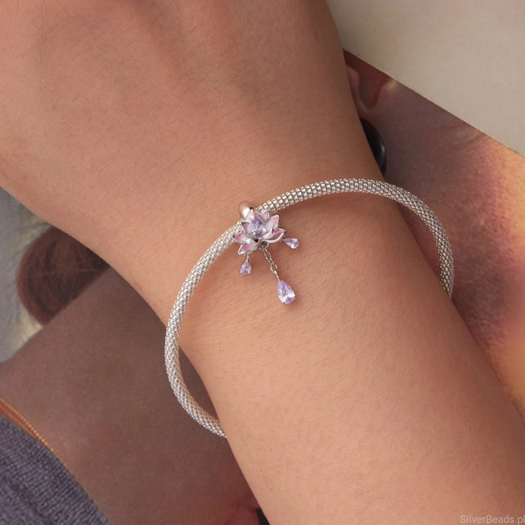 Charms kwiat lotosu z wiszącymi kryształami  koralik do bransoletki modułowej charms