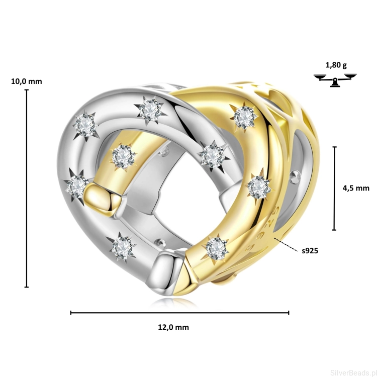 Wymiary koralika charms ze srebra próby 925 beads  PODKOWY w kształcie serca