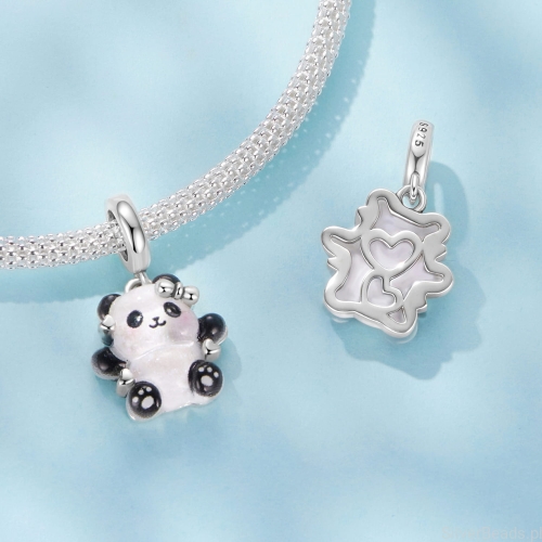 Srebrna zawieszka charms urocza PANDA z kokardką