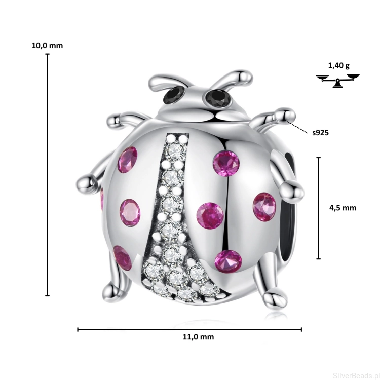 Wymiary koralika charms ze srebra próby 925 beads  kryształowa BIEDRONKA